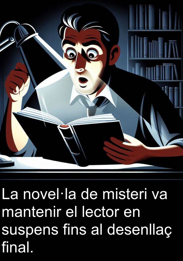 desenllaç: La novel·la de misteri va mantenir el lector en suspens fins al desenllaç final.