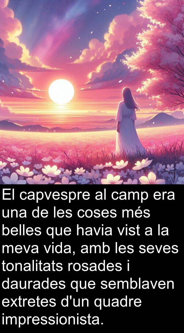 capvespre: El capvespre al camp era una de les coses més belles que havia vist a la meva vida, amb les seves tonalitats rosades i daurades que semblaven extretes d'un quadre impressionista.