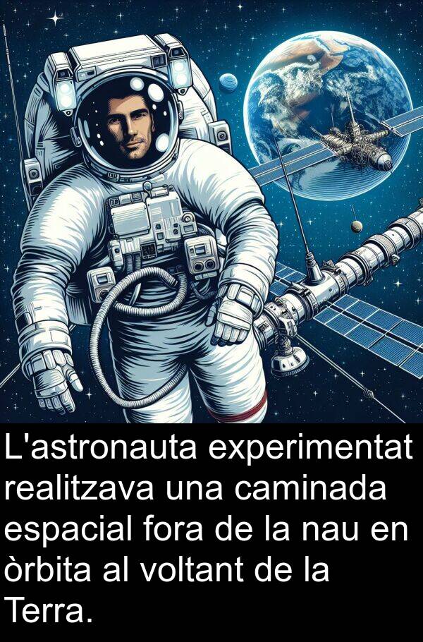 caminada: L'astronauta experimentat realitzava una caminada espacial fora de la nau en òrbita al voltant de la Terra.