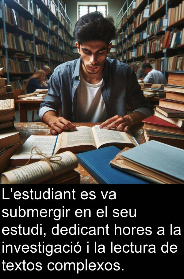 dedicant: L'estudiant es va submergir en el seu estudi, dedicant hores a la investigació i la lectura de textos complexos.