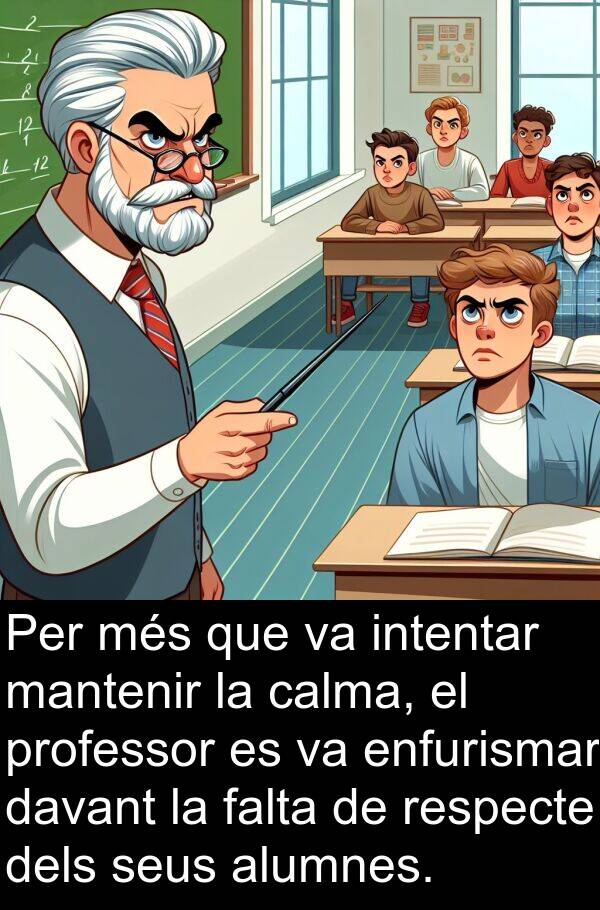 davant: Per més que va intentar mantenir la calma, el professor es va enfurismar davant la falta de respecte dels seus alumnes.