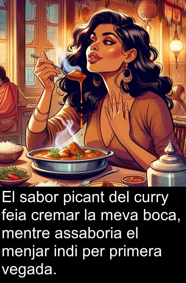 boca: El sabor picant del curry feia cremar la meva boca, mentre assaboria el menjar indi per primera vegada.