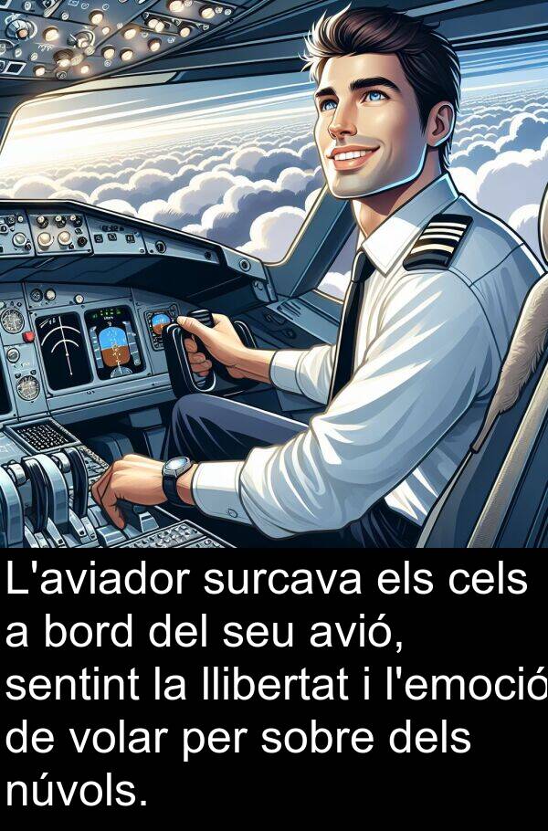 bord: L'aviador surcava els cels a bord del seu avió, sentint la llibertat i l'emoció de volar per sobre dels núvols.