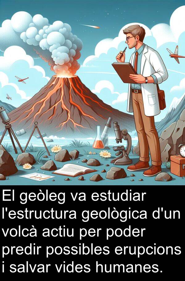 actiu: El geòleg va estudiar l'estructura geològica d'un volcà actiu per poder predir possibles erupcions i salvar vides humanes.