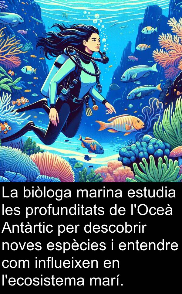 biòloga: La biòloga marina estudia les profunditats de l'Oceà Antàrtic per descobrir noves espècies i entendre com influeixen en l'ecosistema marí.