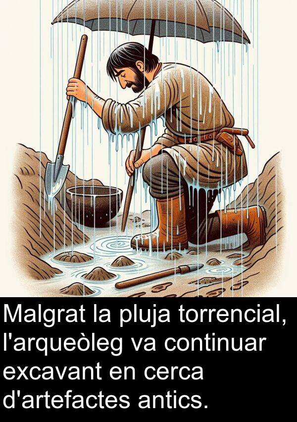 torrencial: Malgrat la pluja torrencial, l'arqueòleg va continuar excavant en cerca d'artefactes antics.