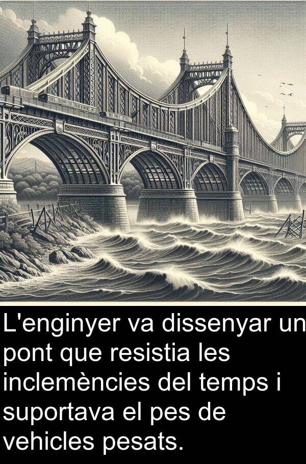 inclemències: L'enginyer va dissenyar un pont que resistia les inclemències del temps i suportava el pes de vehicles pesats.