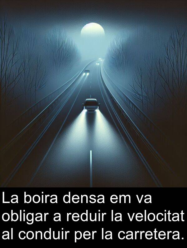 densa: La boira densa em va obligar a reduir la velocitat al conduir per la carretera.