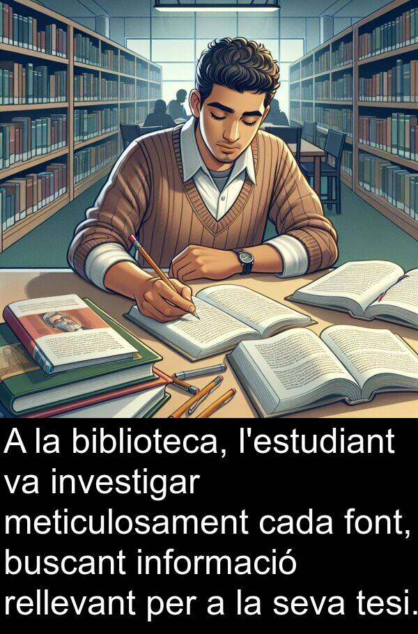 biblioteca: A la biblioteca, l'estudiant va investigar meticulosament cada font, buscant informació rellevant per a la seva tesi.