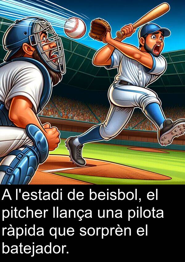 llança: A l'estadi de beisbol, el pitcher llança una pilota ràpida que sorprèn el batejador.