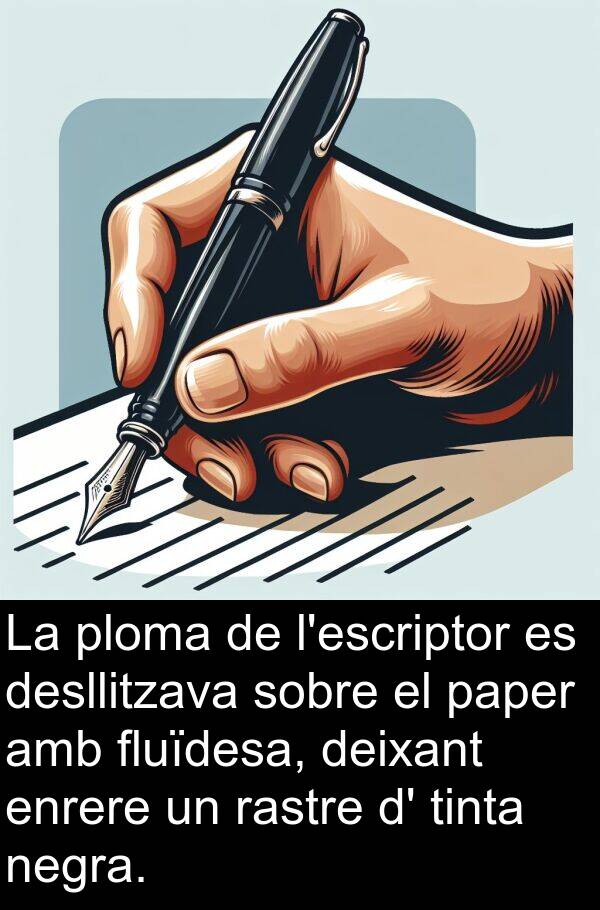 paper: La ploma de l'escriptor es desllitzava sobre el paper amb fluïdesa, deixant enrere un rastre d' tinta negra.