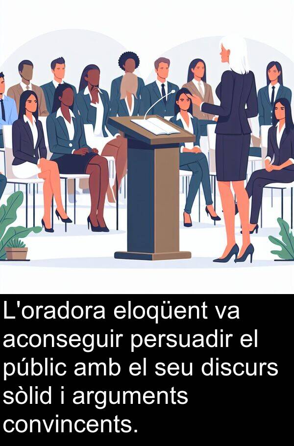 persuadir: L'oradora eloqüent va aconseguir persuadir el públic amb el seu discurs sòlid i arguments convincents.