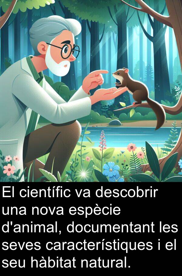 característiques: El científic va descobrir una nova espècie d'animal, documentant les seves característiques i el seu hàbitat natural.