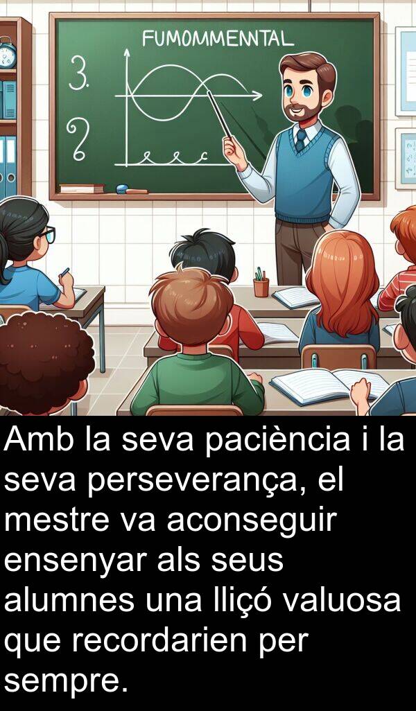 perseverança: Amb la seva paciència i la seva perseverança, el mestre va aconseguir ensenyar als seus alumnes una lliçó valuosa que recordarien per sempre.