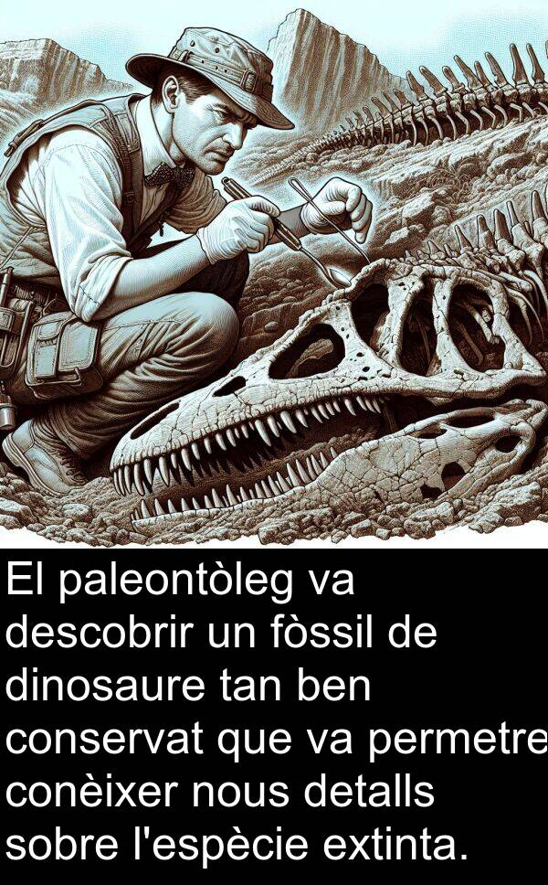 paleontòleg: El paleontòleg va descobrir un fòssil de dinosaure tan ben conservat que va permetre conèixer nous detalls sobre l'espècie extinta.