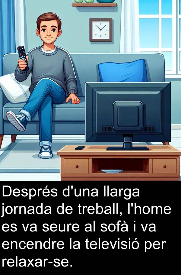 llarga: Després d'una llarga jornada de treball, l'home es va seure al sofà i va encendre la televisió per relaxar-se.