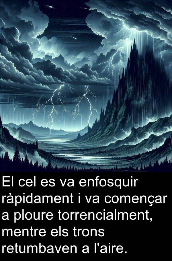 ràpidament: El cel es va enfosquir ràpidament i va començar a ploure torrencialment, mentre els trons retumbaven a l'aire.