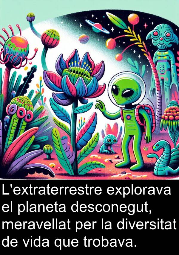 desconegut: L'extraterrestre explorava el planeta desconegut, meravellat per la diversitat de vida que trobava.