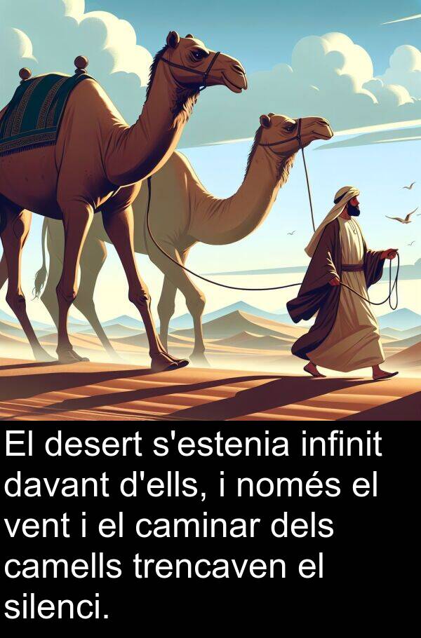 davant: El desert s'estenia infinit davant d'ells, i només el vent i el caminar dels camells trencaven el silenci.