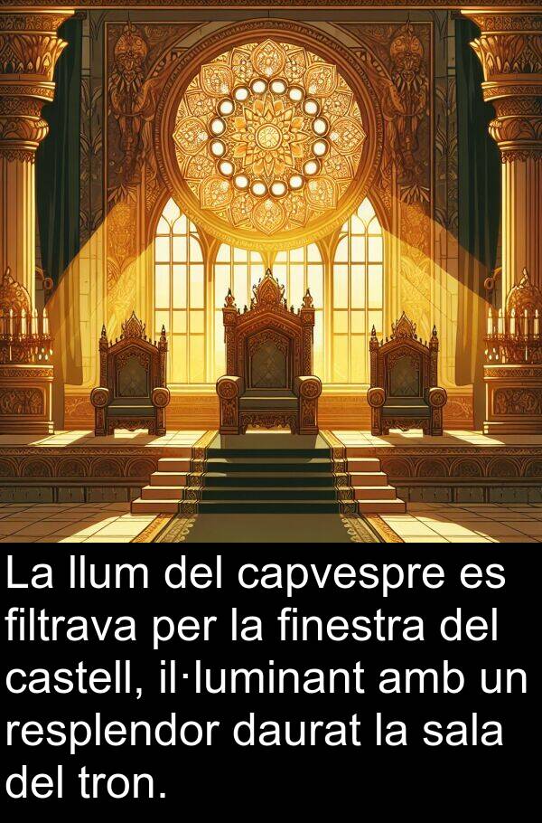 capvespre: La llum del capvespre es filtrava per la finestra del castell, il·luminant amb un resplendor daurat la sala del tron.