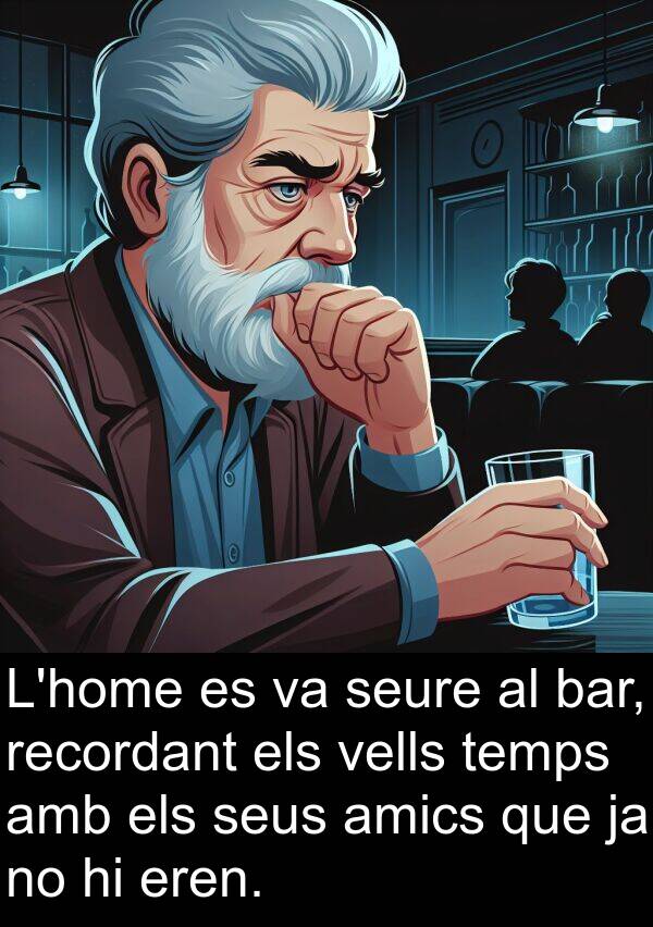 bar: L'home es va seure al bar, recordant els vells temps amb els seus amics que ja no hi eren.