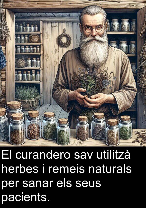 utilitzà: El curandero sav utilitzà herbes i remeis naturals per sanar els seus pacients.