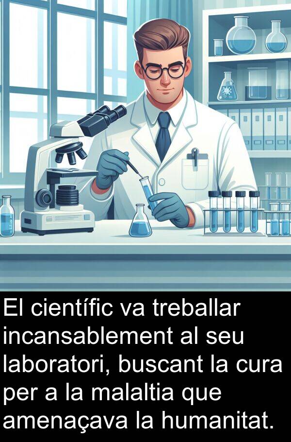 laboratori: El científic va treballar incansablement al seu laboratori, buscant la cura per a la malaltia que amenaçava la humanitat.