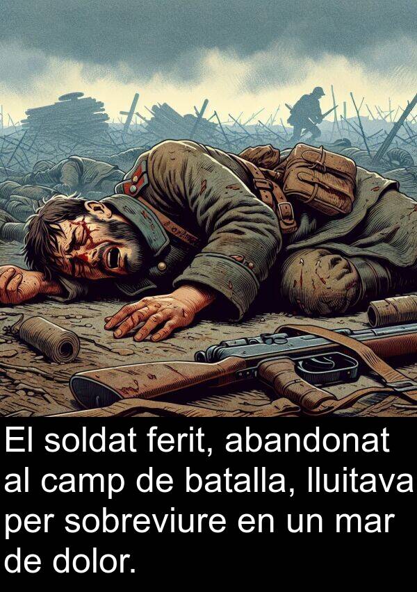 lluitava: El soldat ferit, abandonat al camp de batalla, lluitava per sobreviure en un mar de dolor.