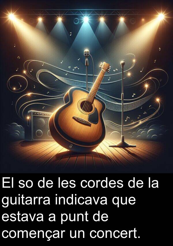 indicava: El so de les cordes de la guitarra indicava que estava a punt de començar un concert.