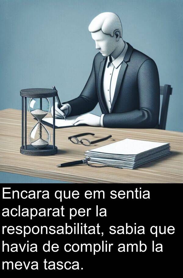 aclaparat: Encara que em sentia aclaparat per la responsabilitat, sabia que havia de complir amb la meva tasca.