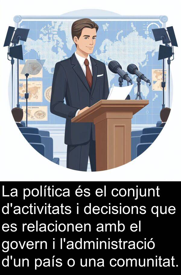 decisions: La política és el conjunt d'activitats i decisions que es relacionen amb el govern i l'administració d'un país o una comunitat.