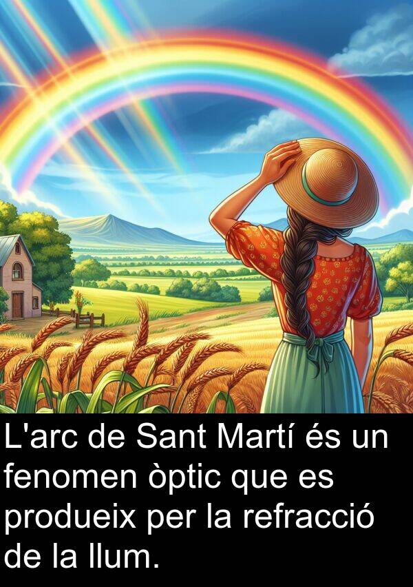 llum: L'arc de Sant Martí és un fenomen òptic que es produeix per la refracció de la llum.