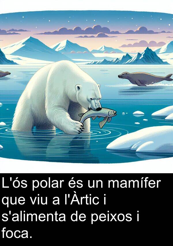 peixos: L'ós polar és un mamífer que viu a l'Àrtic i s'alimenta de peixos i foca.