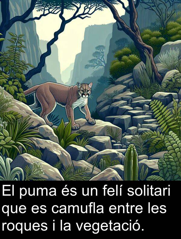 camufla: El puma és un felí solitari que es camufla entre les roques i la vegetació.