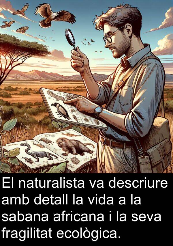 descriure: El naturalista va descriure amb detall la vida a la sabana africana i la seva fragilitat ecològica.