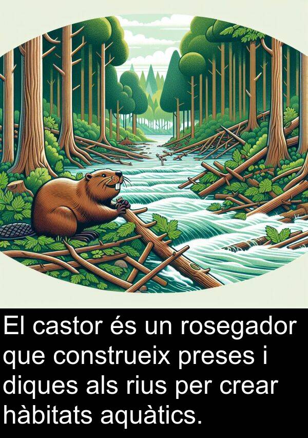 castor: El castor és un rosegador que construeix preses i diques als rius per crear hàbitats aquàtics.