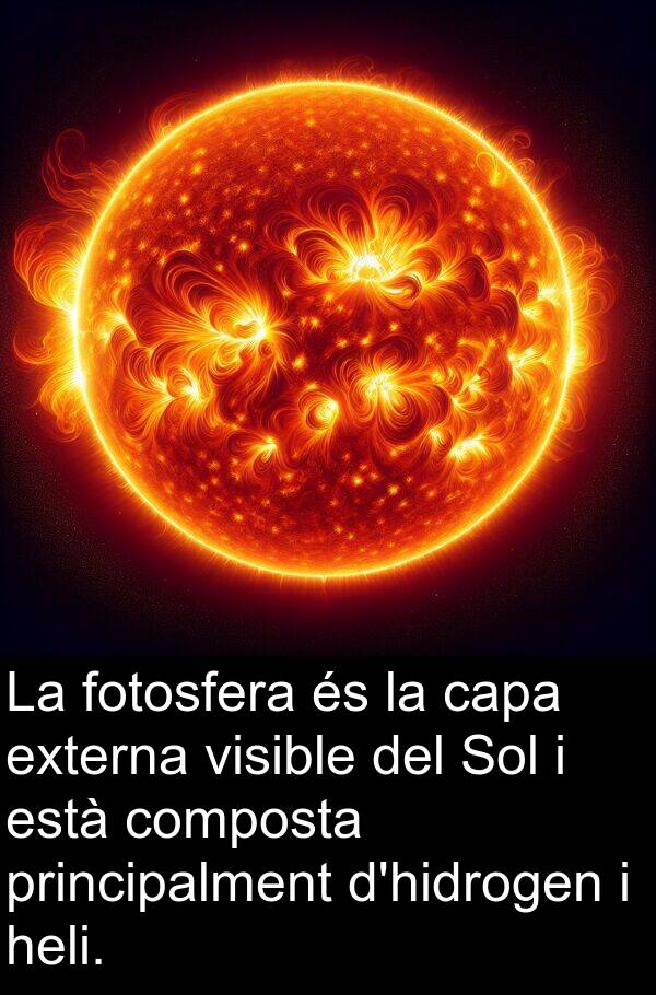 capa: La fotosfera és la capa externa visible del Sol i està composta principalment d'hidrogen i heli.