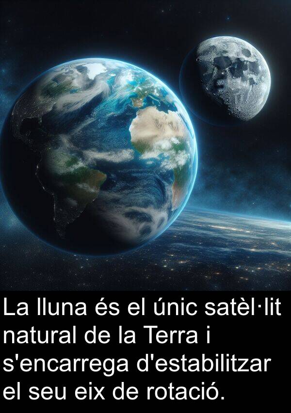 lluna: La lluna és el únic satèl·lit natural de la Terra i s'encarrega d'estabilitzar el seu eix de rotació.