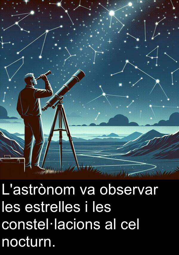 cel: L'astrònom va observar les estrelles i les constel·lacions al cel nocturn.