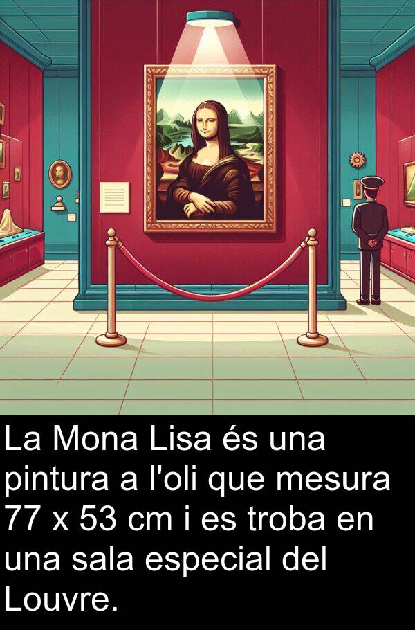 mesura: La Mona Lisa és una pintura a l'oli que mesura 77 x 53 cm i es troba en una sala especial del Louvre.