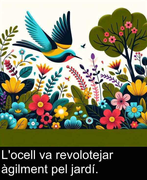 jardí: L'ocell va revolotejar àgilment pel jardí.