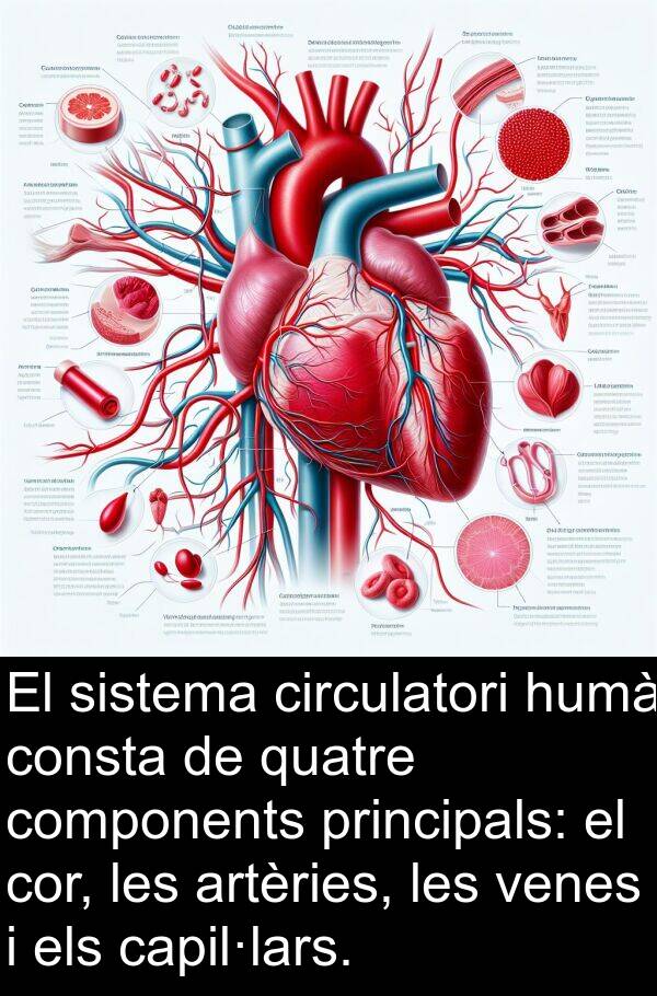 capil·lars: El sistema circulatori humà consta de quatre components principals: el cor, les artèries, les venes i els capil·lars.