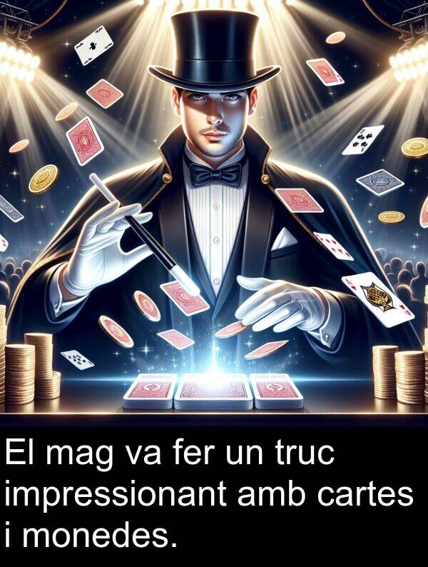 cartes: El mag va fer un truc impressionant amb cartes i monedes.