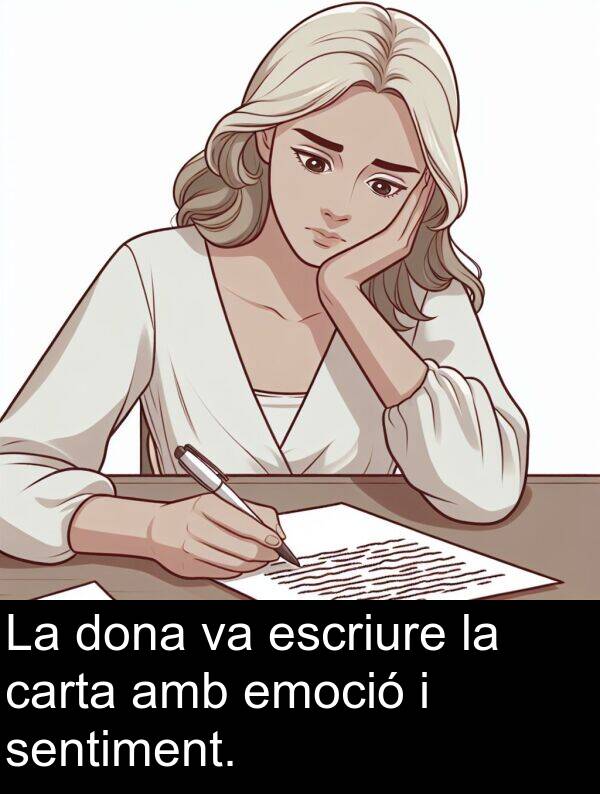 carta: La dona va escriure la carta amb emoció i sentiment.