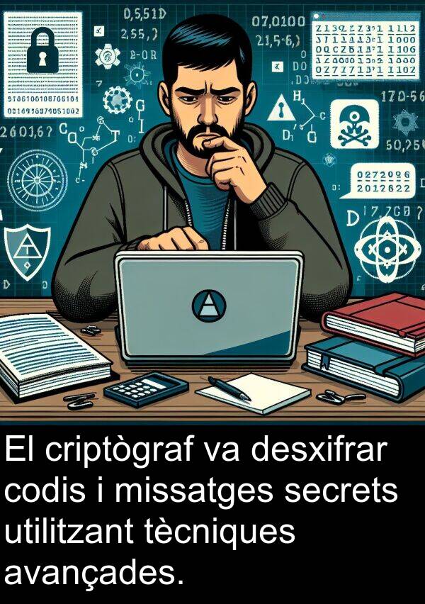 utilitzant: El criptògraf va desxifrar codis i missatges secrets utilitzant tècniques avançades.