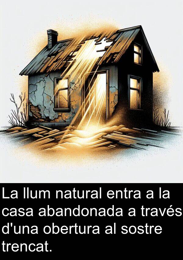 llum: La llum natural entra a la casa abandonada a través d'una obertura al sostre trencat.