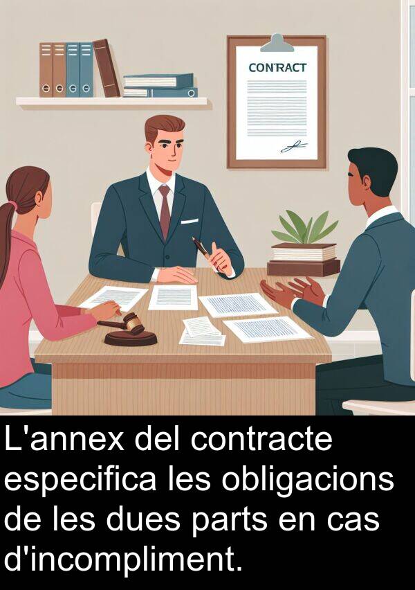 cas: L'annex del contracte especifica les obligacions de les dues parts en cas d'incompliment.