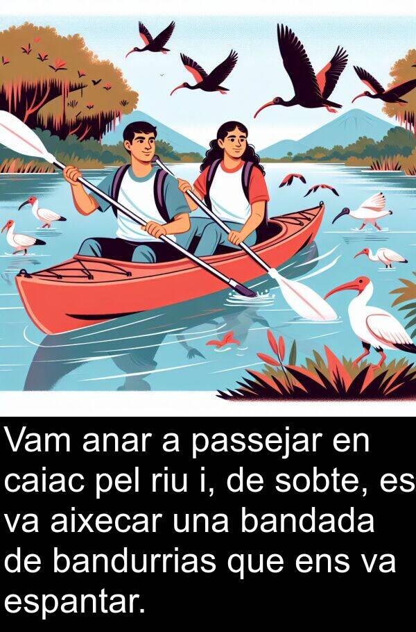 aixecar: Vam anar a passejar en caiac pel riu i, de sobte, es va aixecar una bandada de bandurrias que ens va espantar.