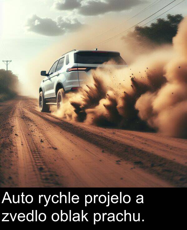 prachu: Auto rychle projelo a zvedlo oblak prachu.