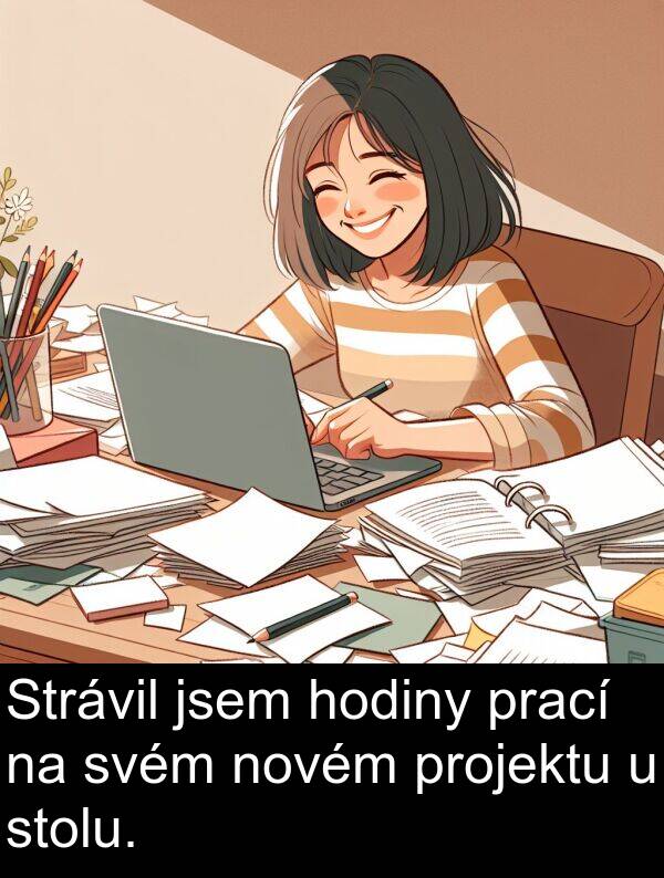 projektu: Strávil jsem hodiny prací na svém novém projektu u stolu.